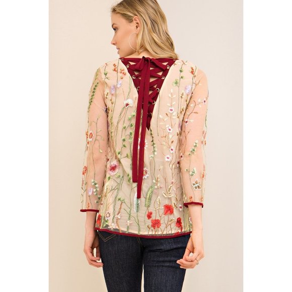 Entro Floral  Embroidered Top, Sand - Picture 4 of 5